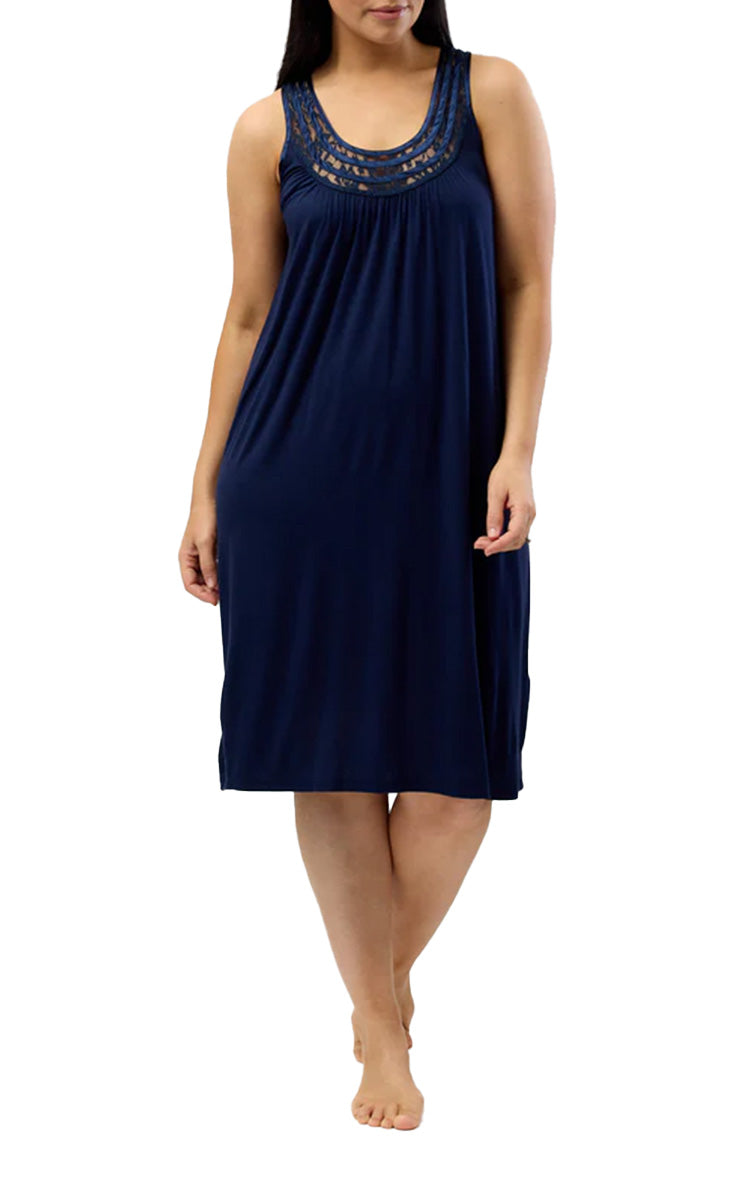 Yuu 100% Viscose Nightgown Sleeveless with Lace in Navy Y362
