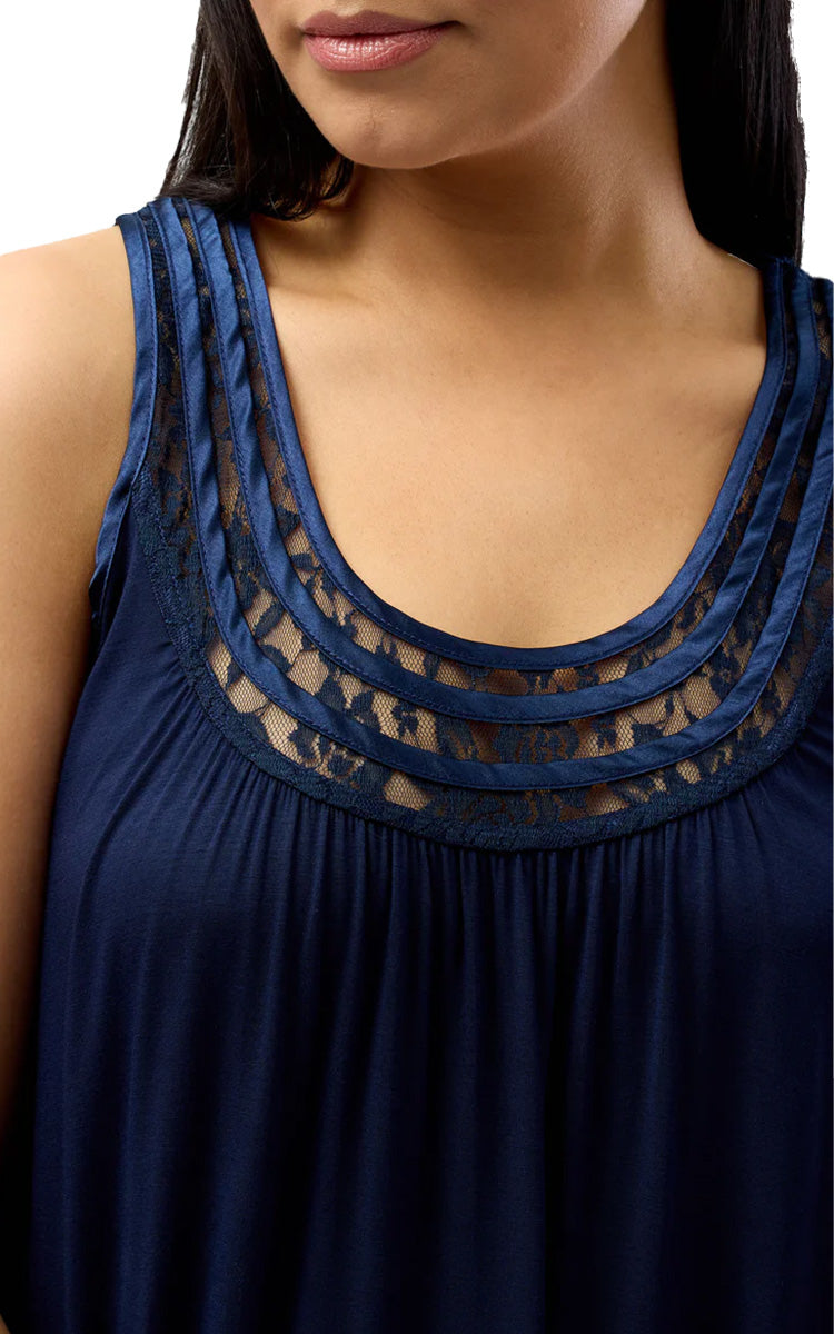 Yuu 100% Viscose Nightgown Sleeveless with Lace in Navy Y362