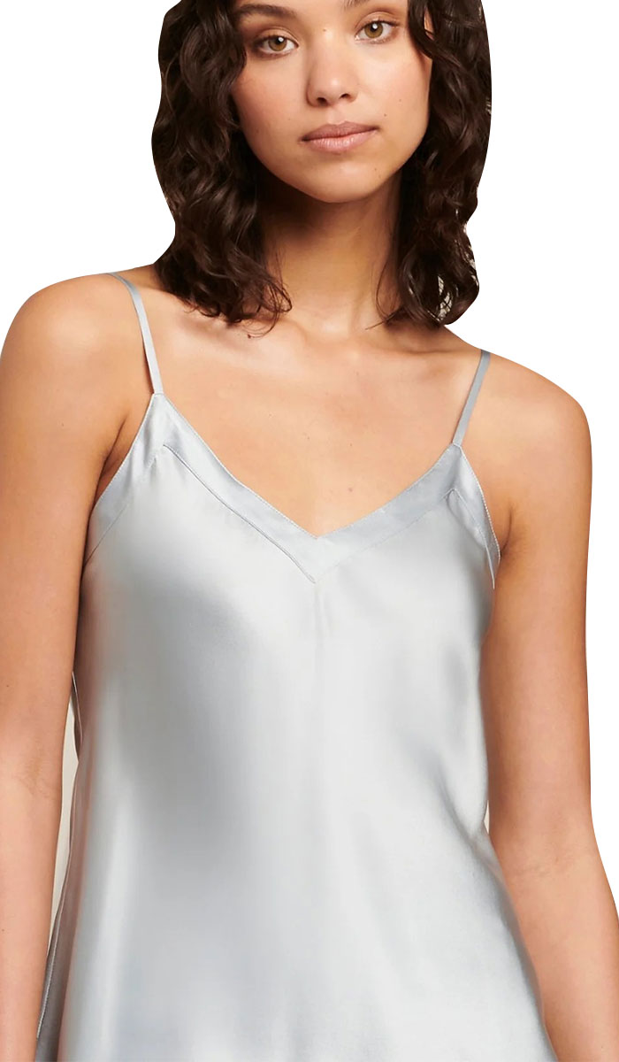 woman wearing ginia silk camisole in pearl blue