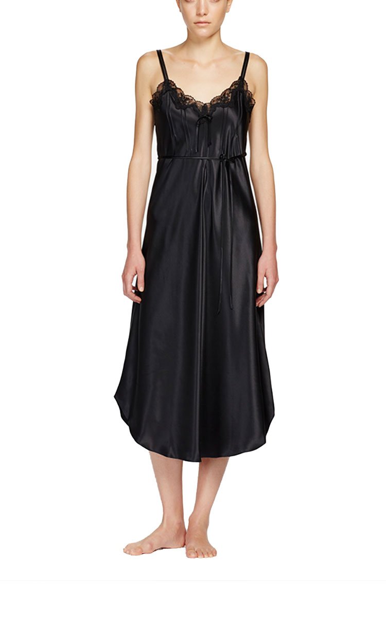 woman wearing ginia silk nightgown with pintuck and lace in black