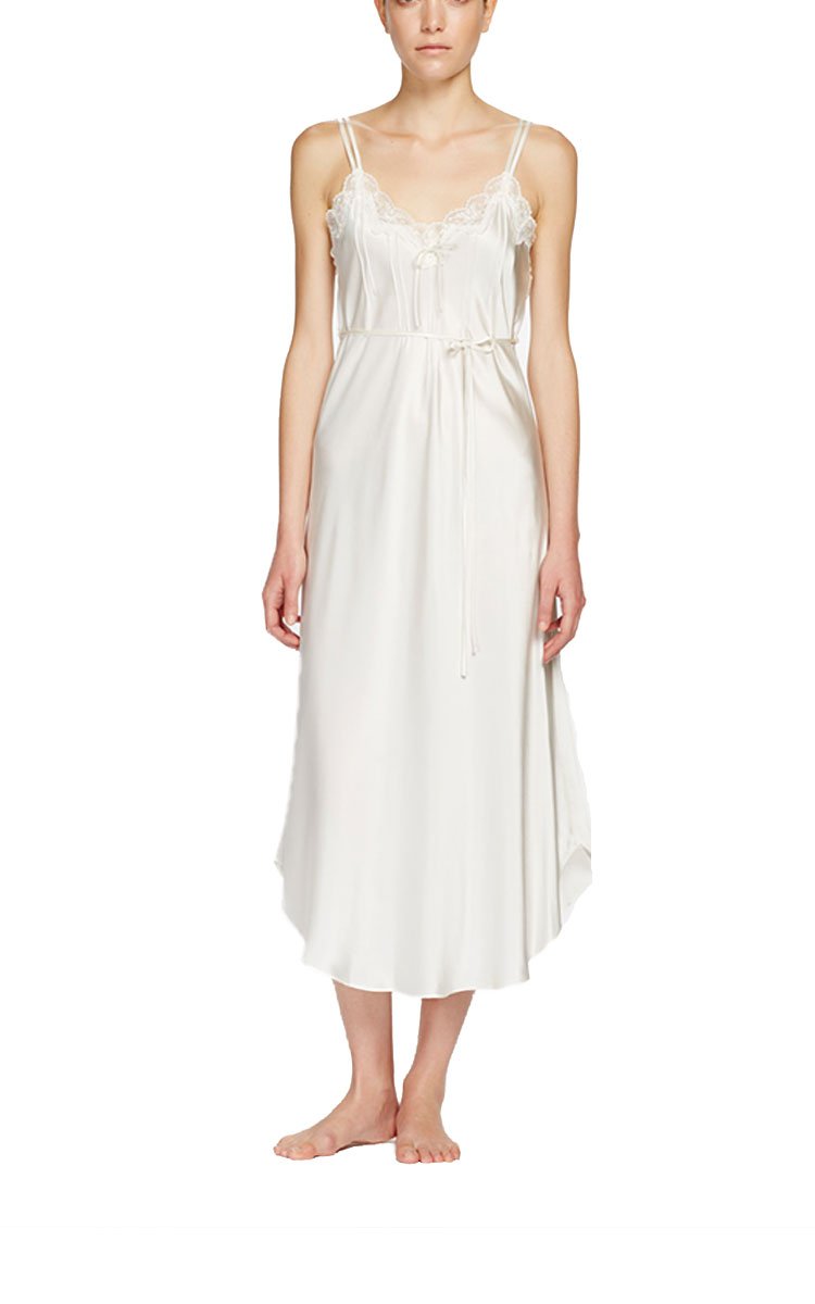 woman wearing ginia silk nightgown with pintuck and lace in ivory