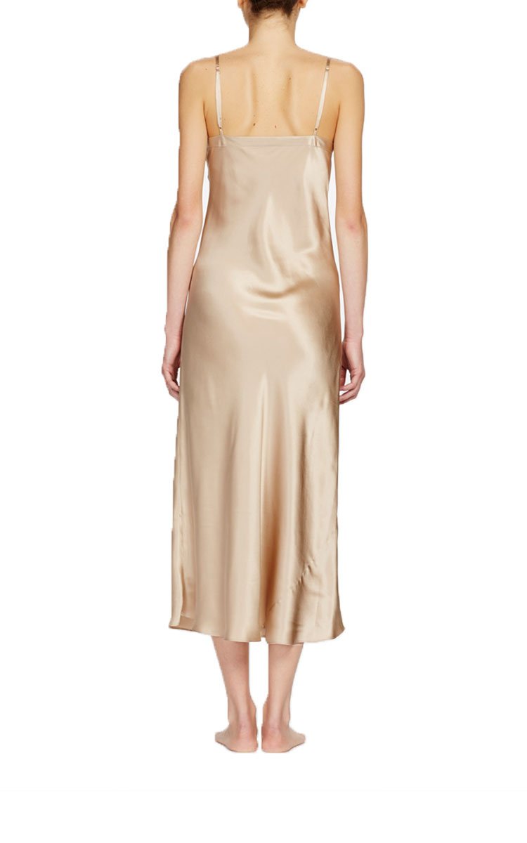 woman wearing ginia silk nightgown in mink