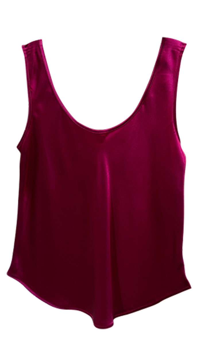 woman wearing ginia silk singlet in cherry