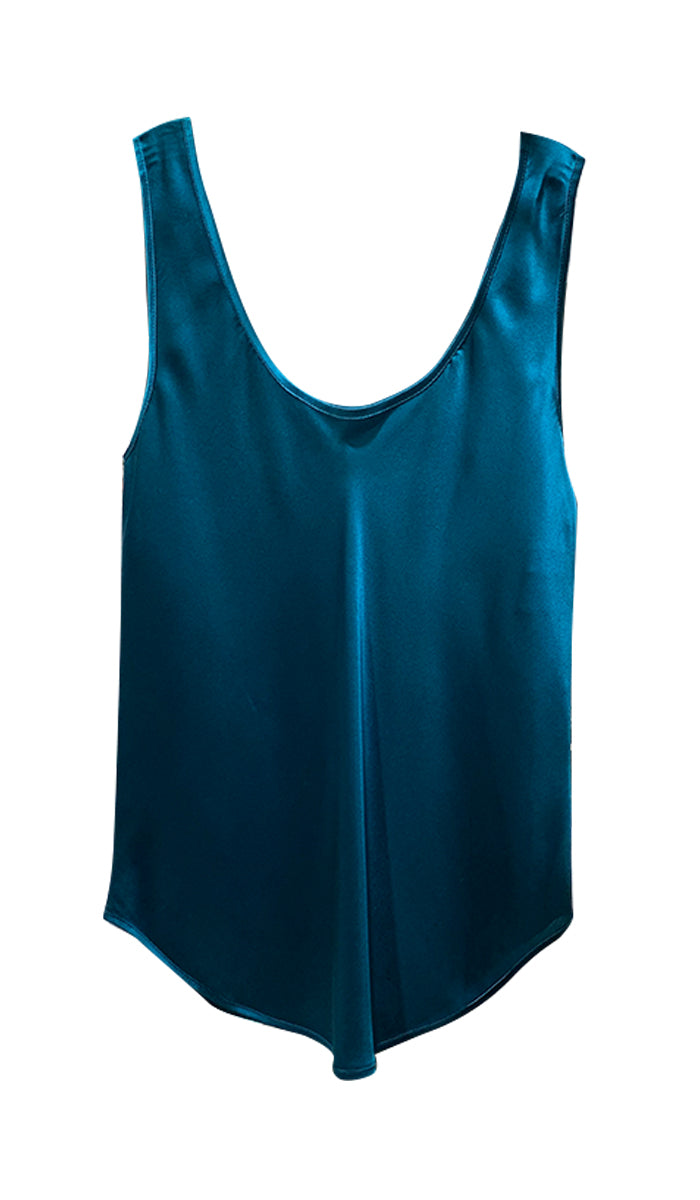 woman wearing ginia silk singlet in teal