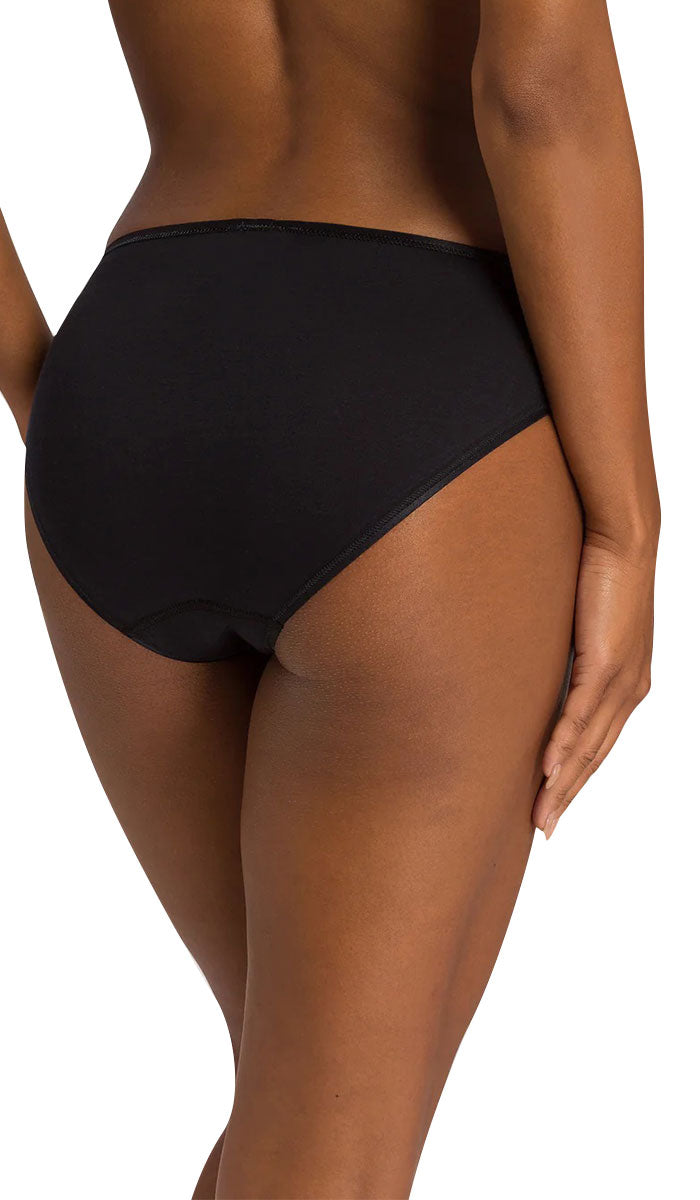woman wearing Hanro Cotton hi cut Seamless underwear in black