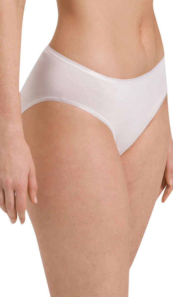 woman wearing Hanro Cotton hi cut Seamless underwear in white