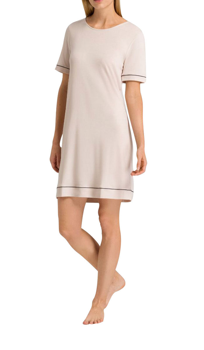 woman wearing hanro cotton nightgown almond natural comfort