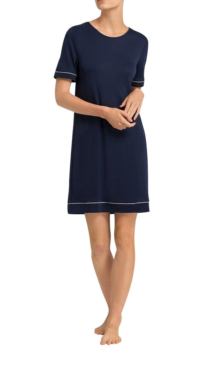 woman wearing hanro cotton nightgown navy natural comfort
