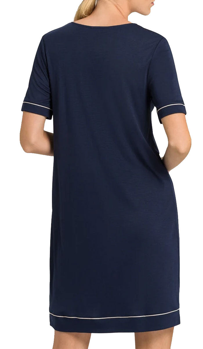 woman wearing Hanro Nightgown navy Natural Comfort