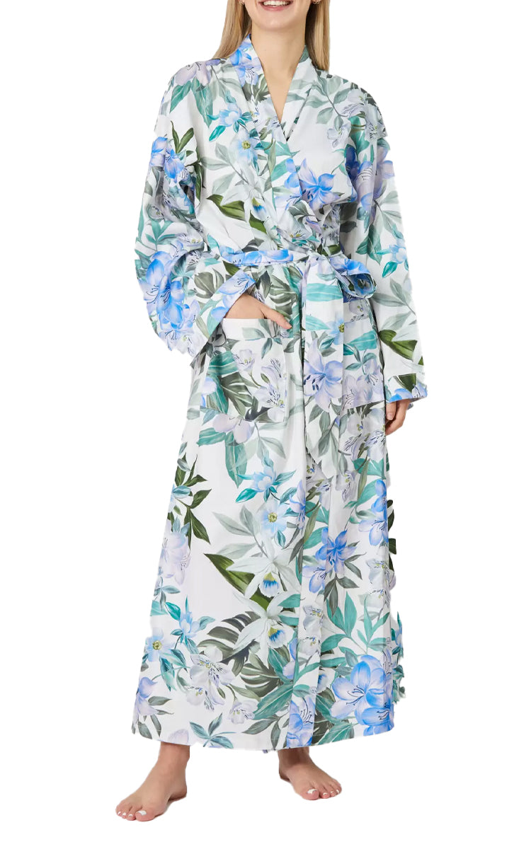 Woman wearing long cotton robe with blue floral print australia