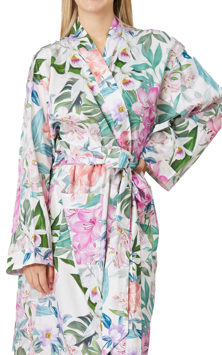 Woman wearing cotton robe with long sleeve for sale by sanctuary studio australia