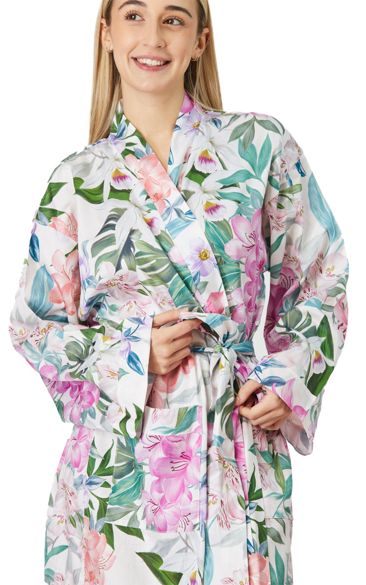 Woman wearing cotton robe with long sleeve for sale by sanctuary studio australia