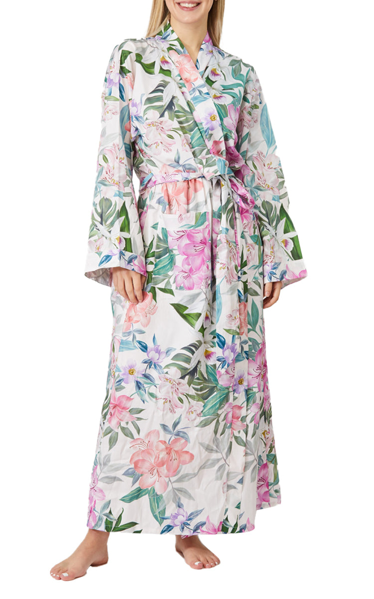 Woman wearing cotton robe with long sleeve for sale by sanctuary studio australia
