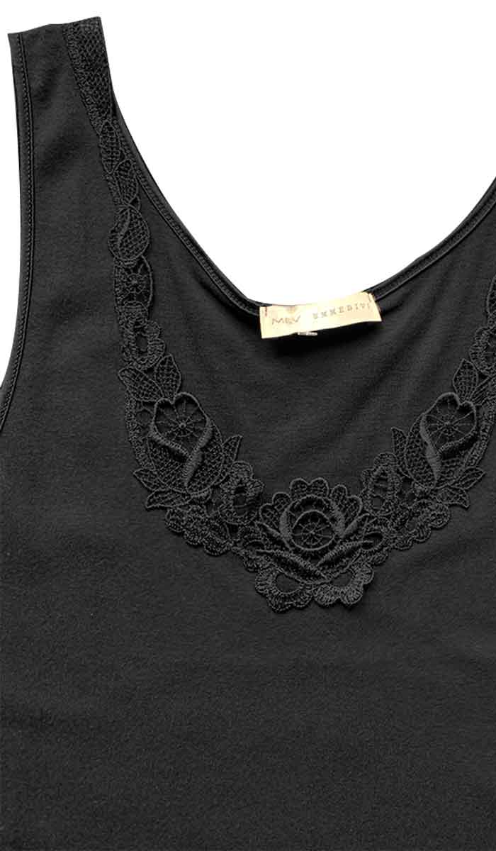 Emmebivi 100% Cotton Lace Trim Singlet in Black 22332