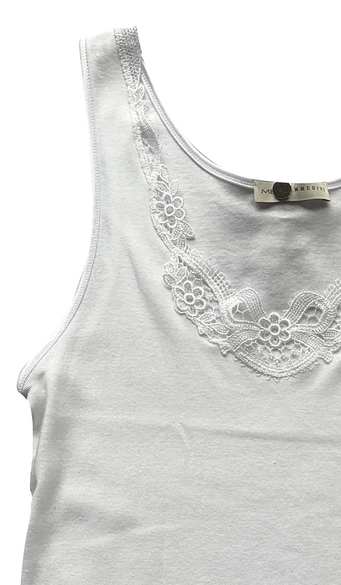 Emmebivi 100% Cotton Singlet With Lace Trim in White 22332