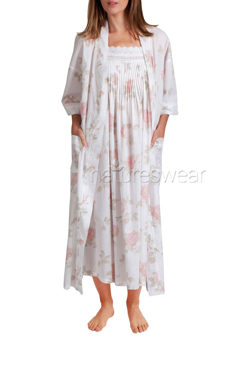 Woman wearing Arabella floral cotton nightgown with short sleeve