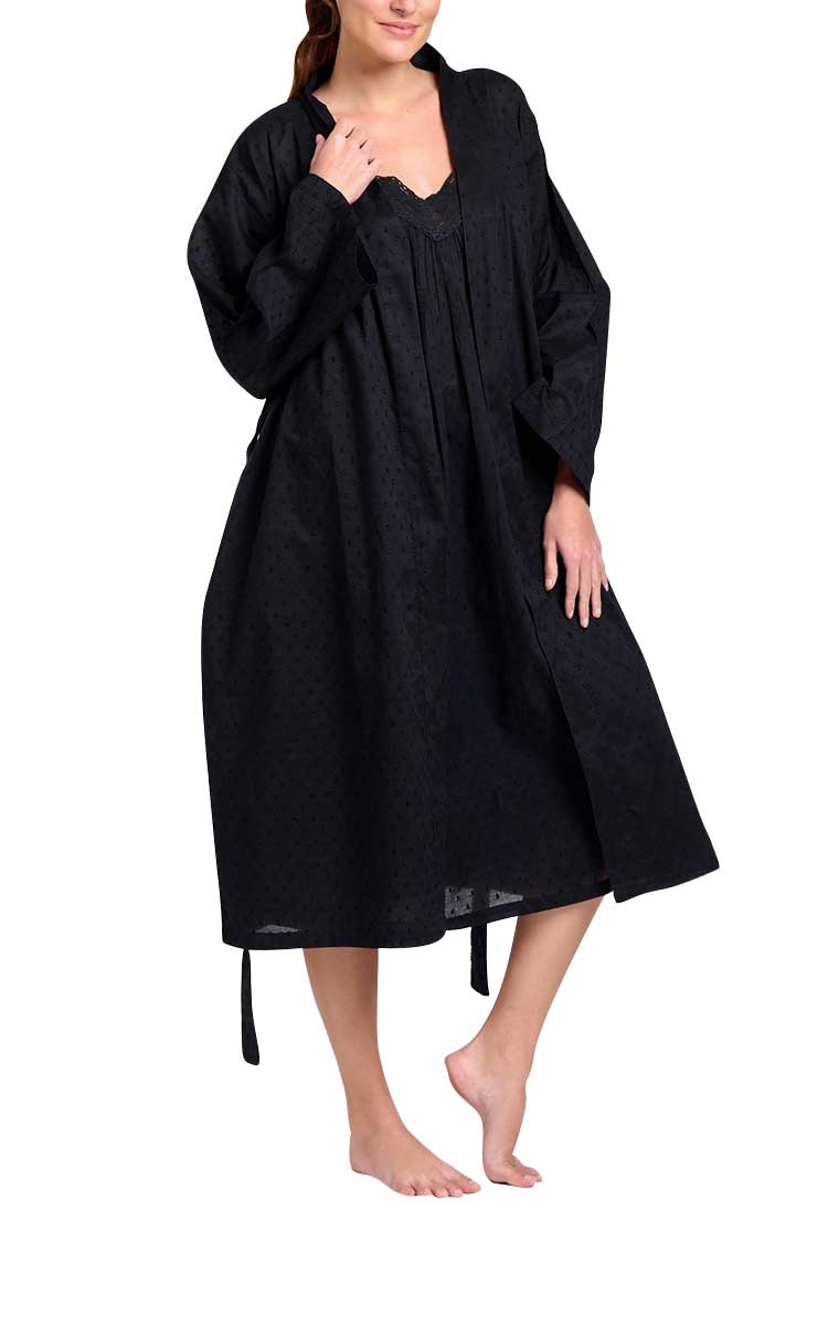 woman wearing Arabella cotton black robe