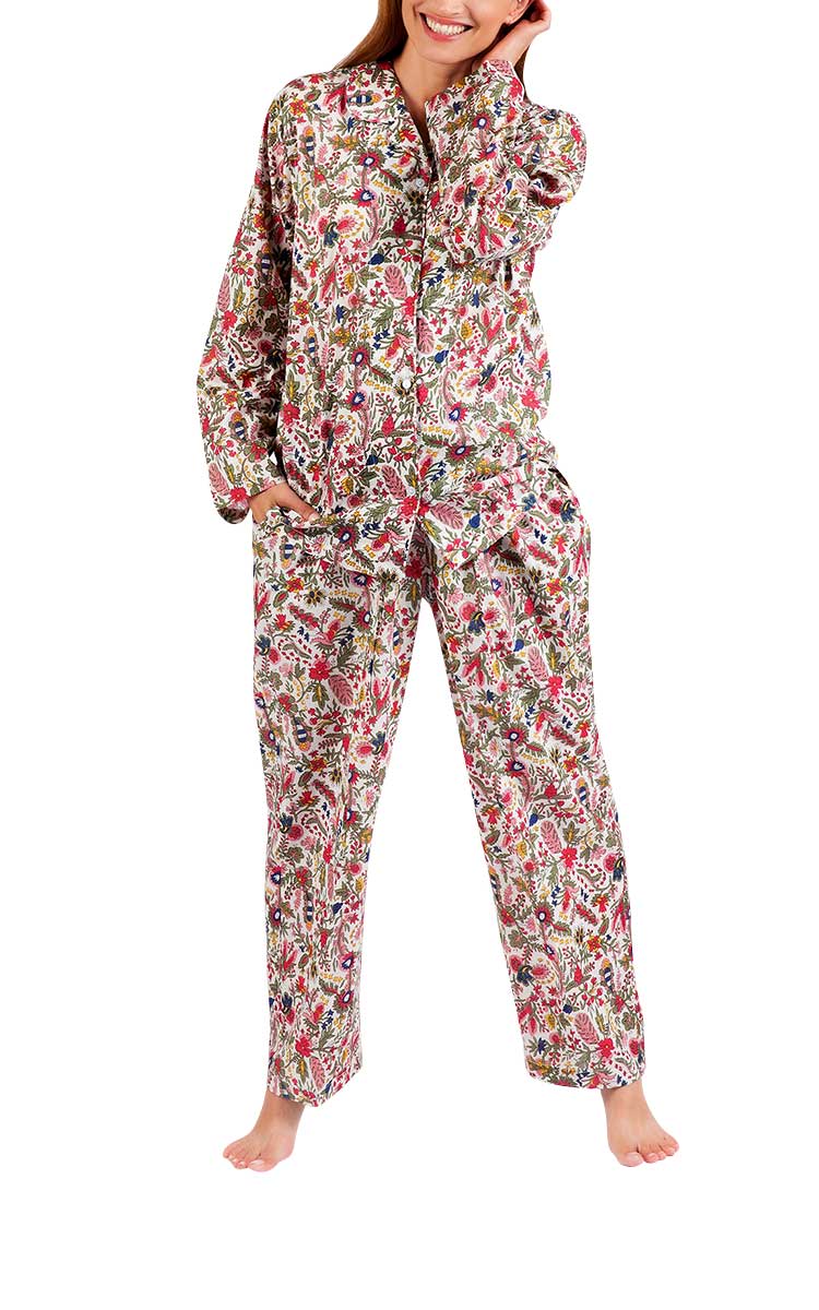 Woman wearing Arabella cotton winter pyjama in floral print