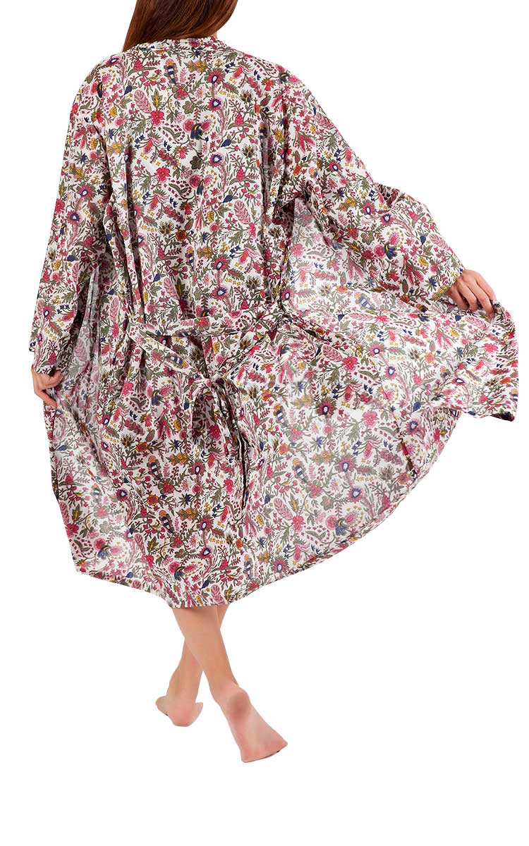 Arabella cotton floral robe worn by a woman