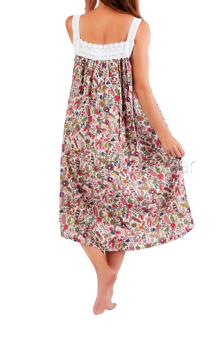 woman wearing summer floral nightie view from the back