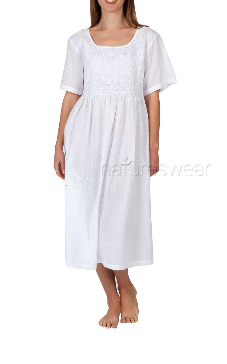 Woman wearing short sleeve cotton nightgown by Arabella