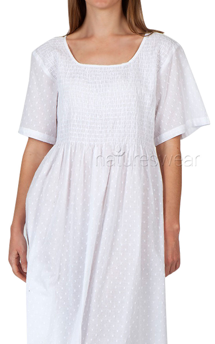 Woman wearing short sleeve cotton nightgown by Arabella