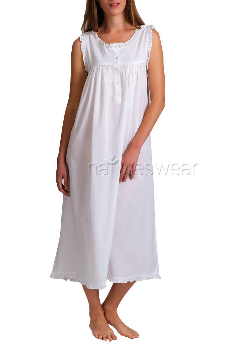 Woman wearing nightgown with button up shoulders in white