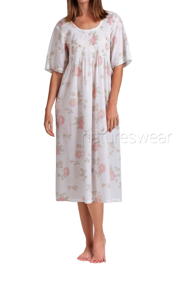 Woman wearing Arabella floral cotton nightgown with short sleeve