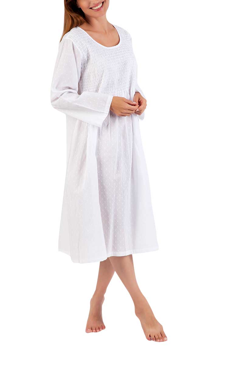 Woman wearing Arabella winter cotton long sleeve winter nightgown in white
