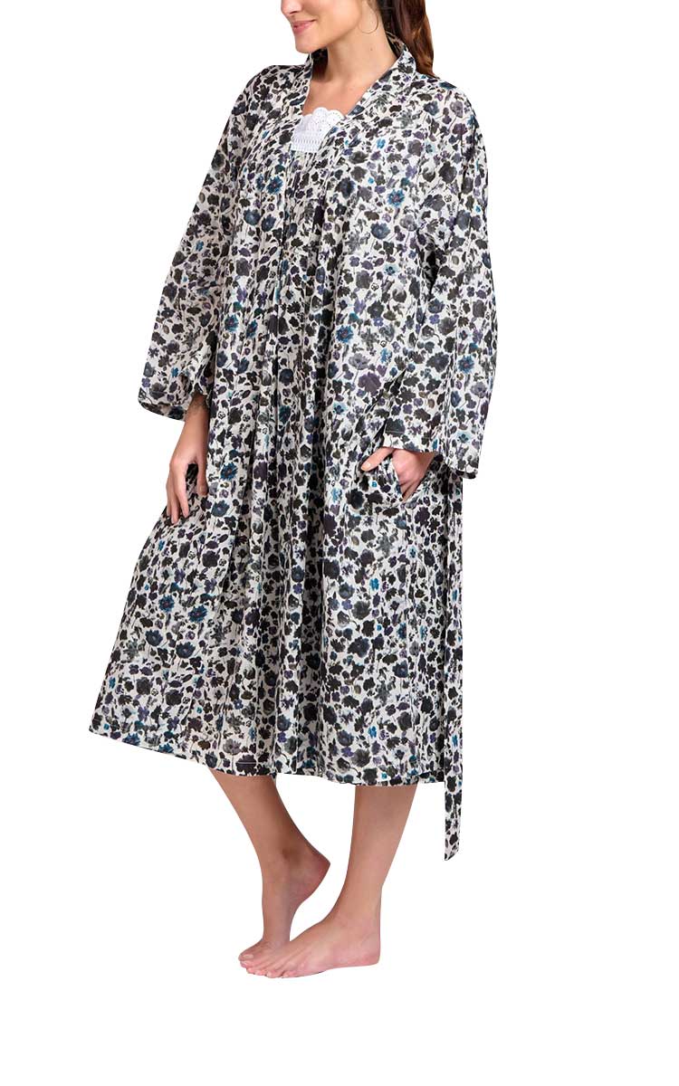 Woman wearing Arabella cotton nightgown and robe set