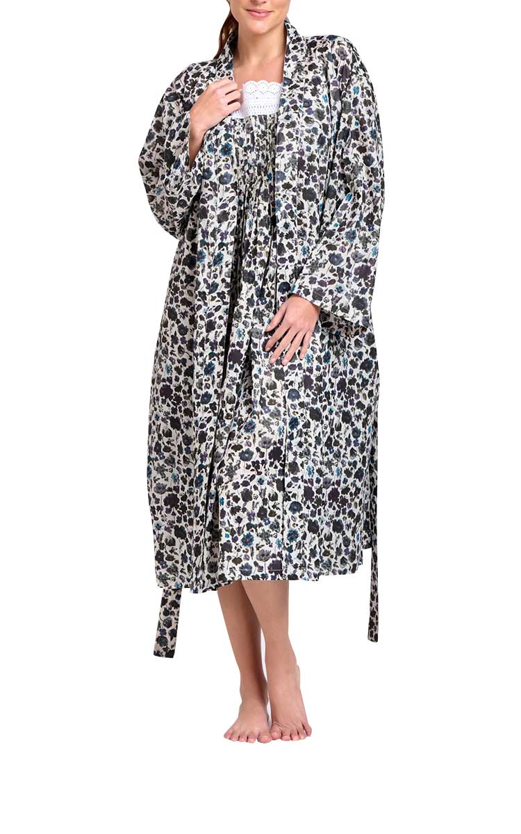 Woman wearing Arabella cotton nightie and robe set