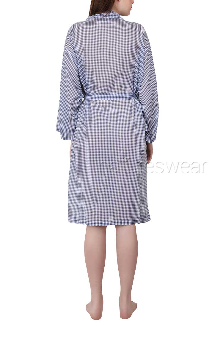 Woman wearing Arabella cotton robe in gingham