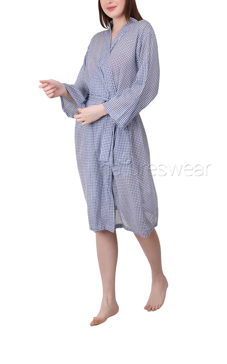 Woman wearing Arabella cotton robe in gingham