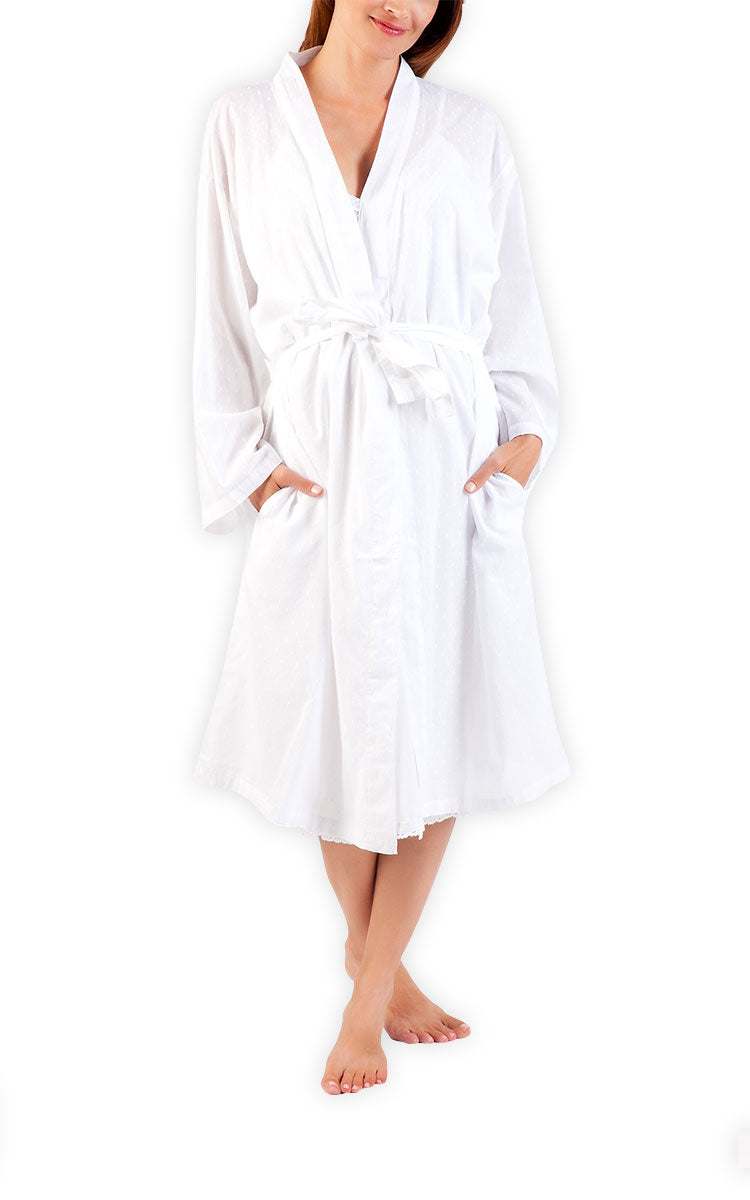 Woman wearing Arabella cotton white robe