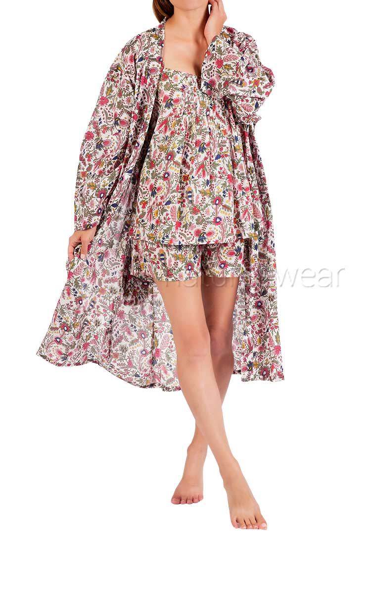 Woman wearing floral cotton robe