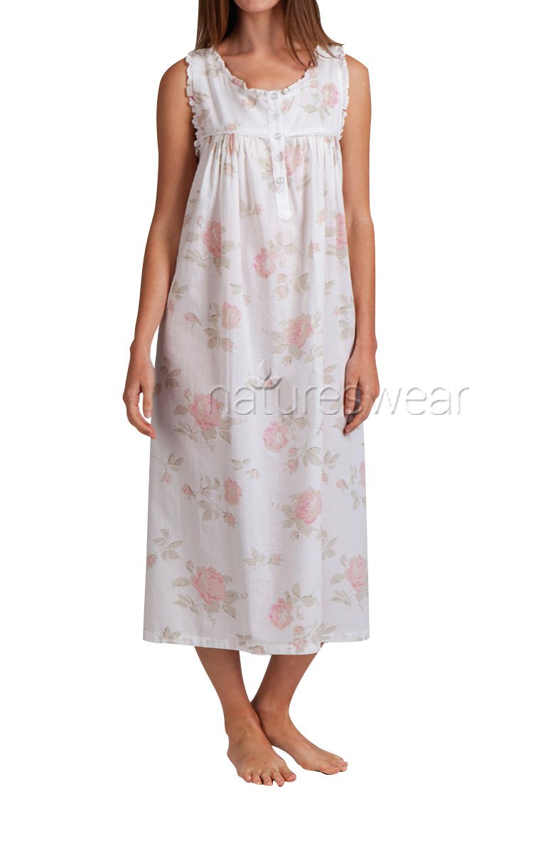 Woman wearing Arabella floral cotton nightie with button up shoulder