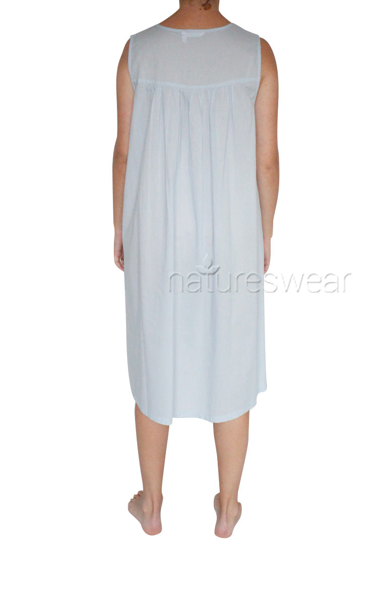 Woman wearing French Country cotton summer nightgown