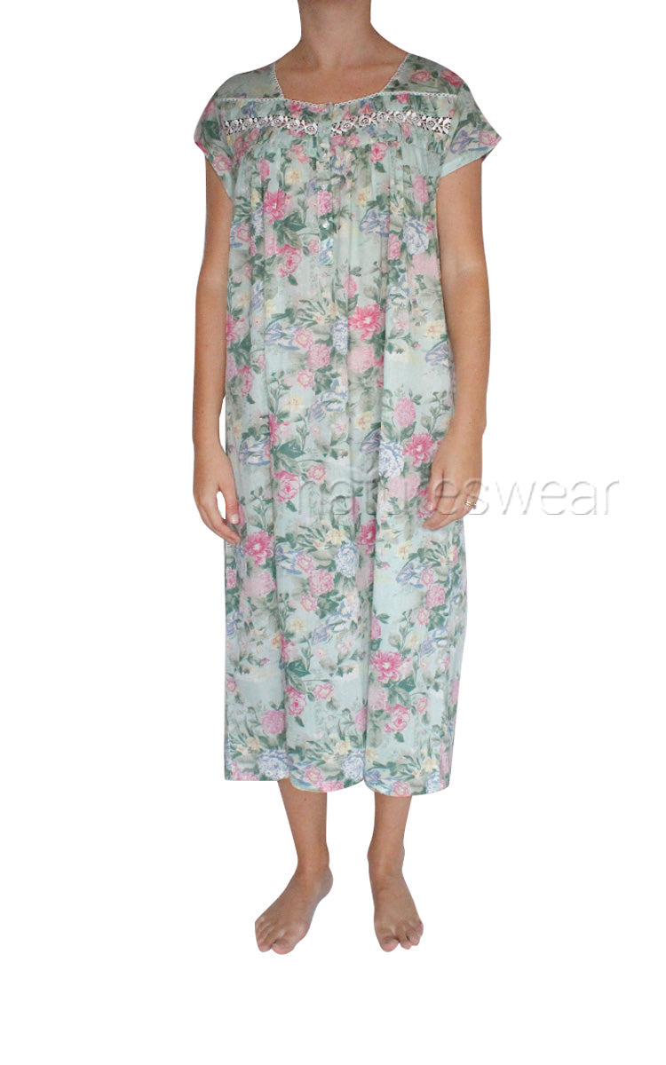 Woman wearing French country cotton nightie