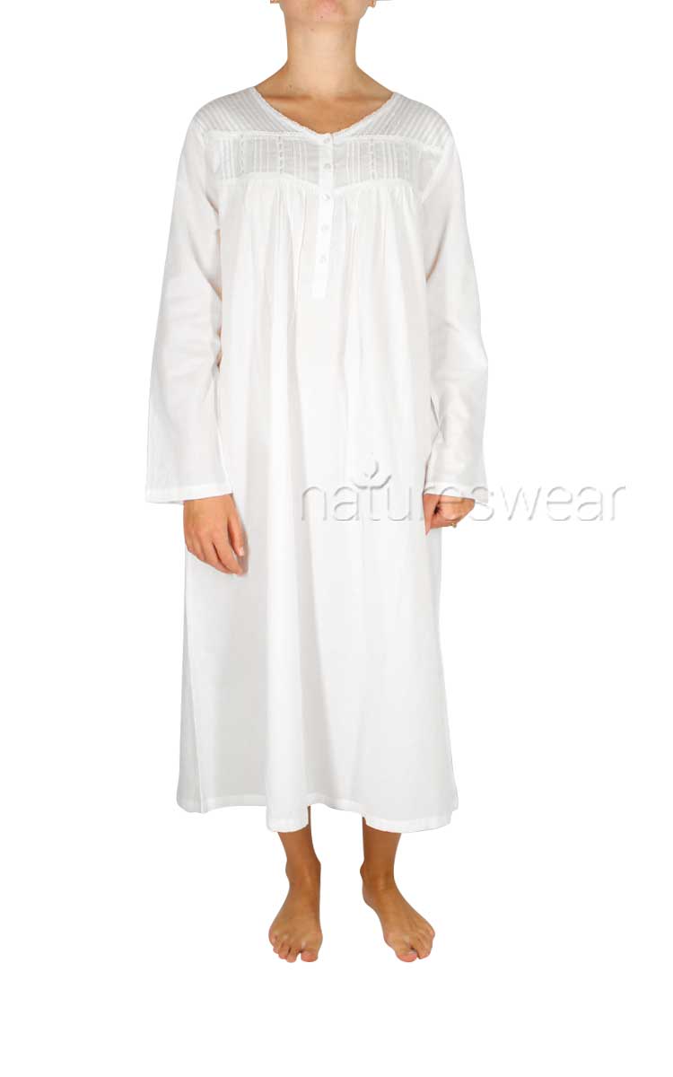 Woman wearing French Country cotton winter nightie