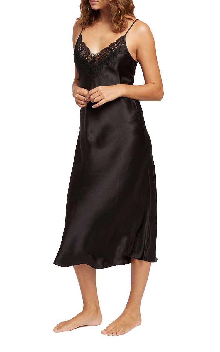 Ginia Black Silk And Lace Long Nightgown