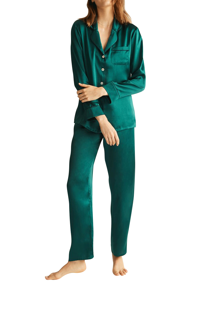 Ginia Long Sleeve Silk Pyjama In Emerald