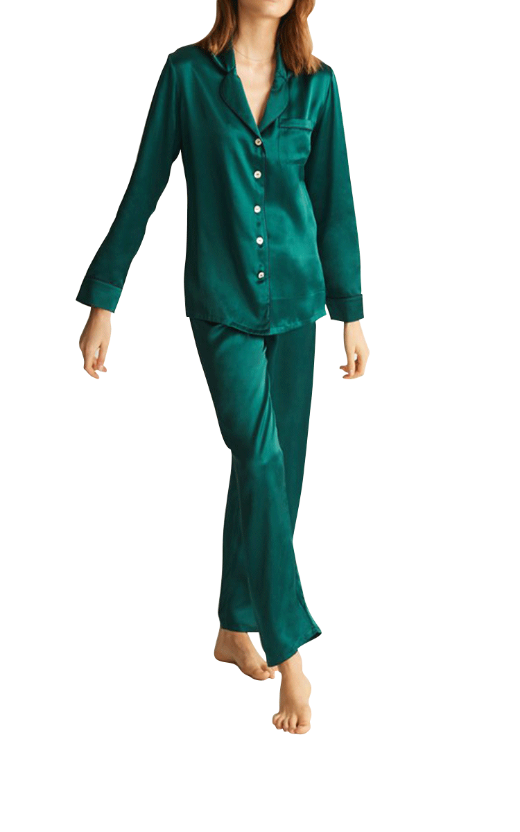 Ginia Long Sleeve Silk Pyjama In Emerald