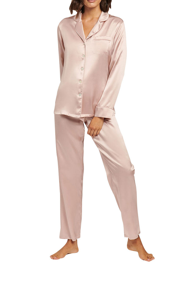 woman wearing Ginia Silk Pyjama In Silver Pink