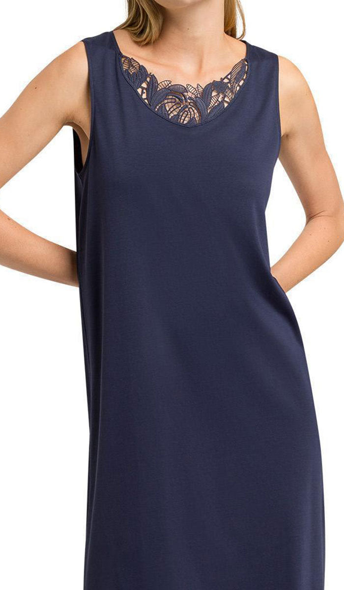 woman wearing hanro nightgown in navy