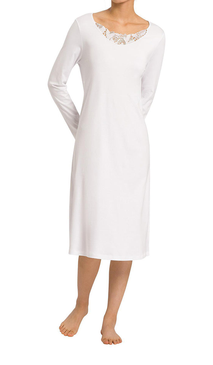 woman wearing hanro nightgown in white