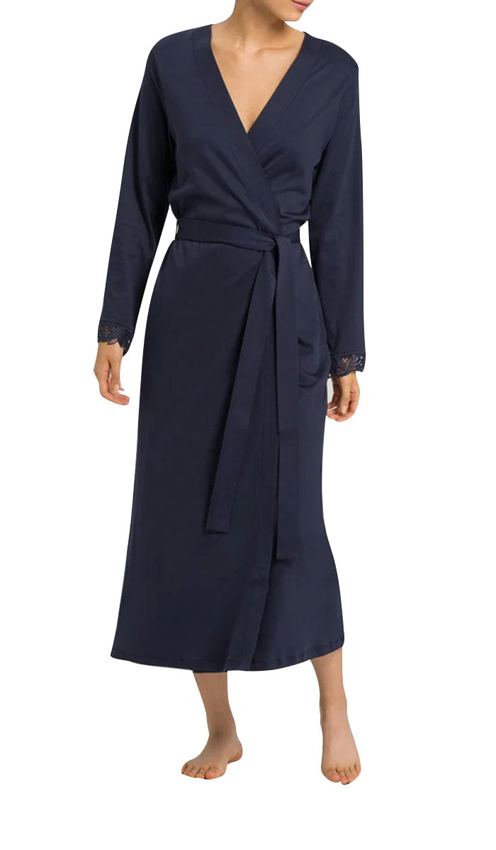woman wearing hanro robe in navy