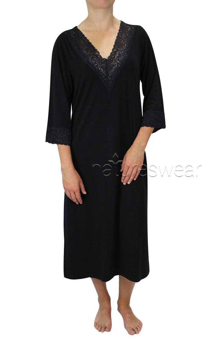 Victorias Linen 50% Bamboo 50% Cotton Nightgown with Long Sleeve in Black Bridgette