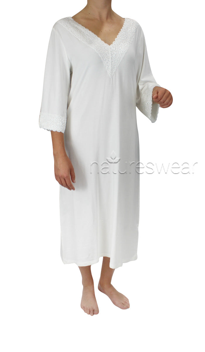 Victorias Linen 50% Bamboo 50% Cotton Nightgown with 3/4 Sleeve in Ivory Irene