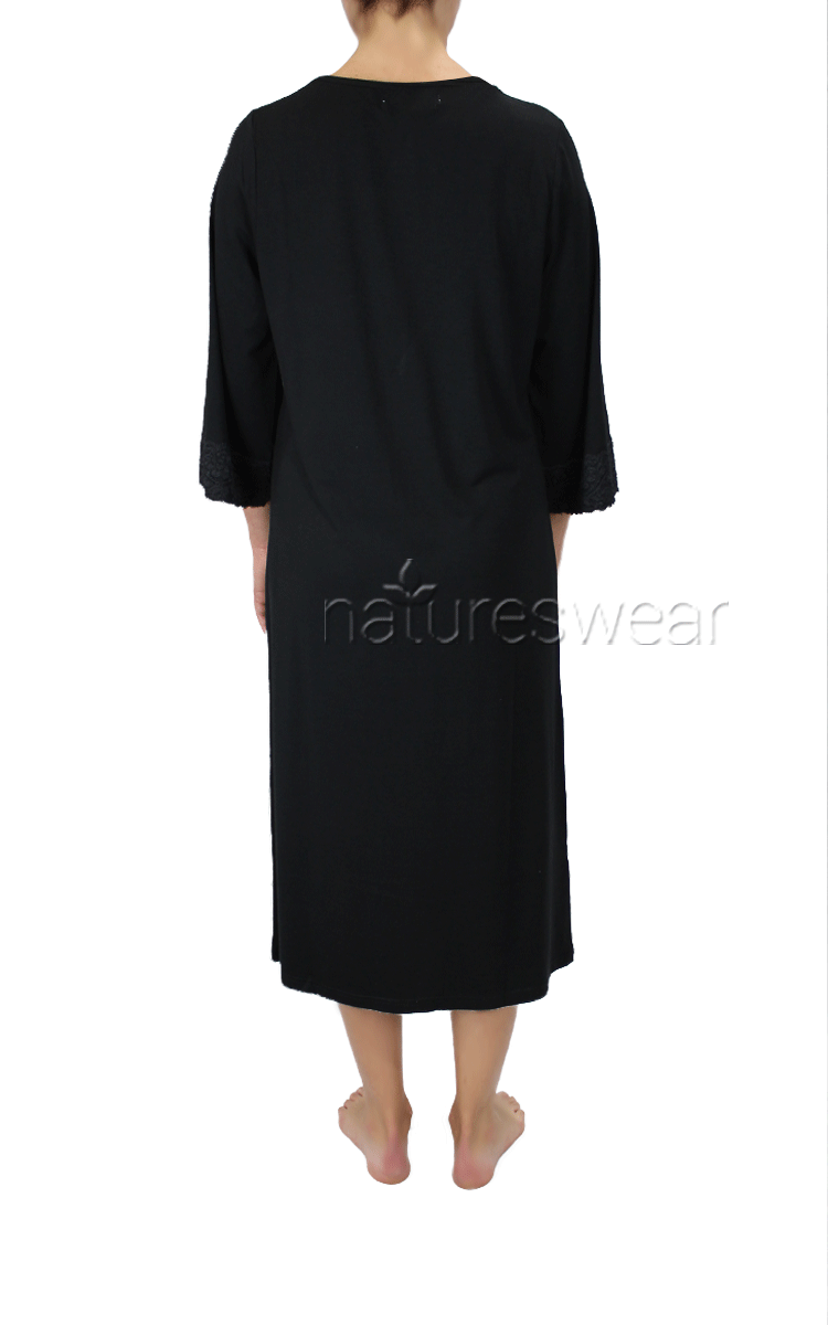 Victoria Linen Bamboo and cotton long nightgown with 3/4 sleeves and lace v neckline, breathable fabric, cool to wear