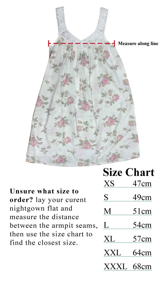 Size chart for Arabella cotton nightgown in sleeveless v neckline